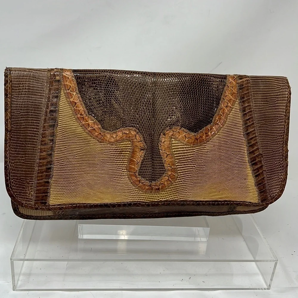 Carlos Falchi Mixed Exotic Snakeskin, Lizard, Ostrich Snap Envelope Clutch Bag